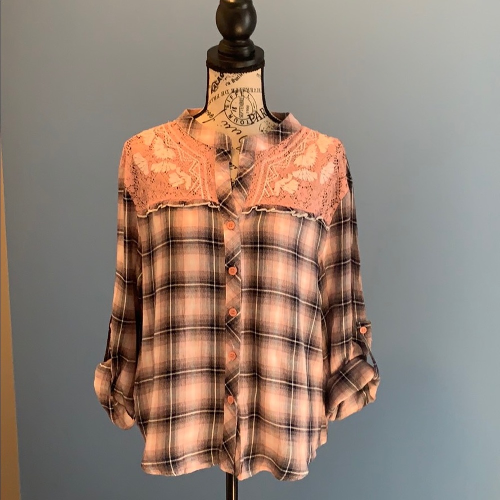 2/$30 Hazel pink plaid and lace blouse